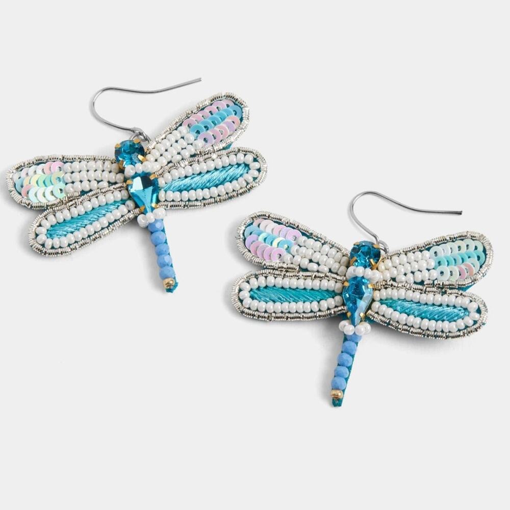 Beaded Dragonfly Dangle Earring Turquoise Blue White